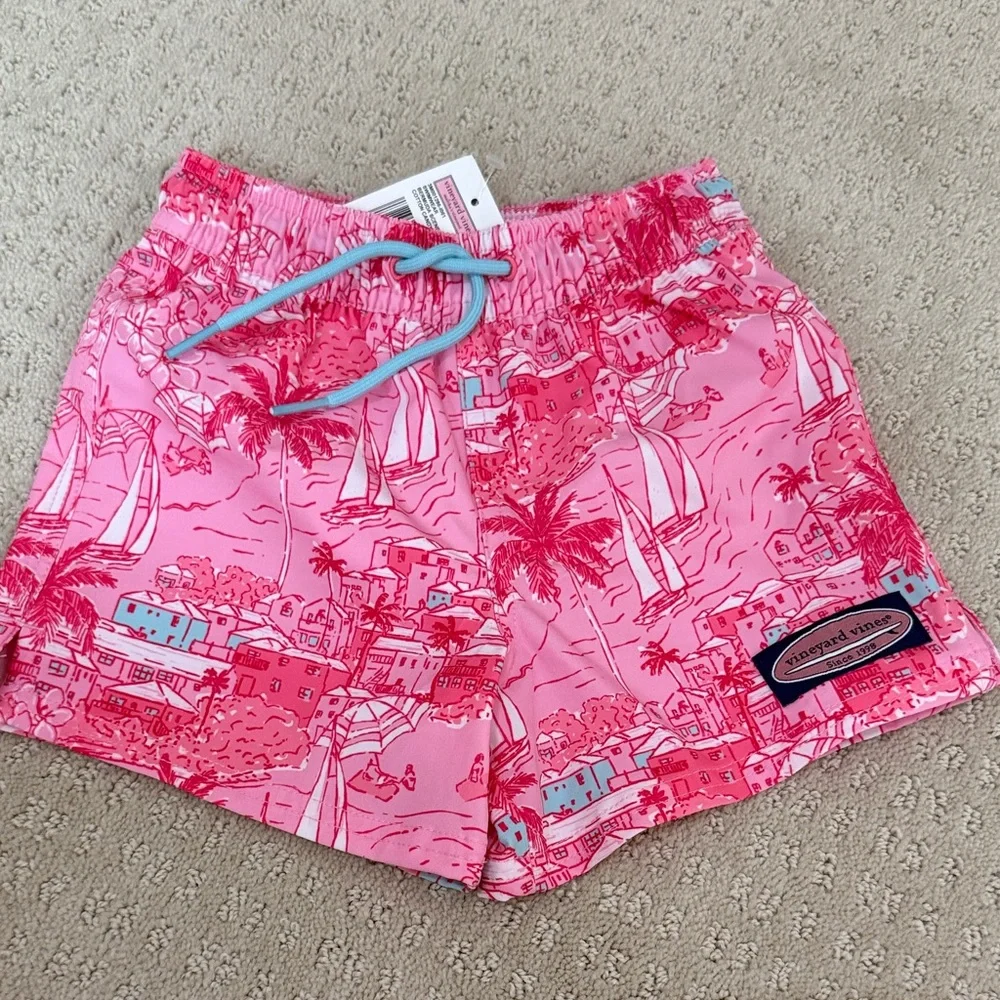 Vineyard Vines Pink Sailboat Coastal Print Swim Trunks
